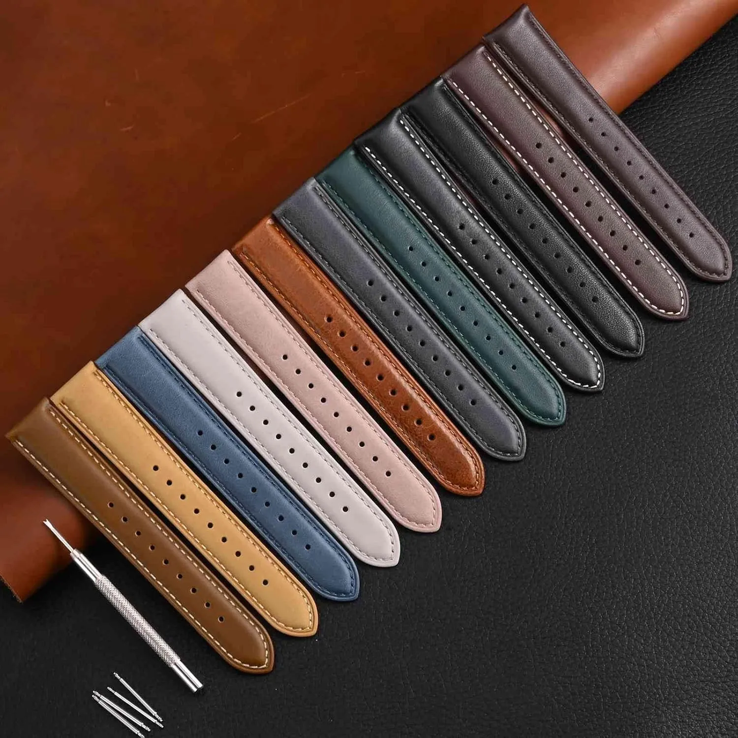 WOCCI 20mm Vintage Leather Watch Band for Men and Women, Silver Buckle (Dark Brown/Contrasting Stitch)