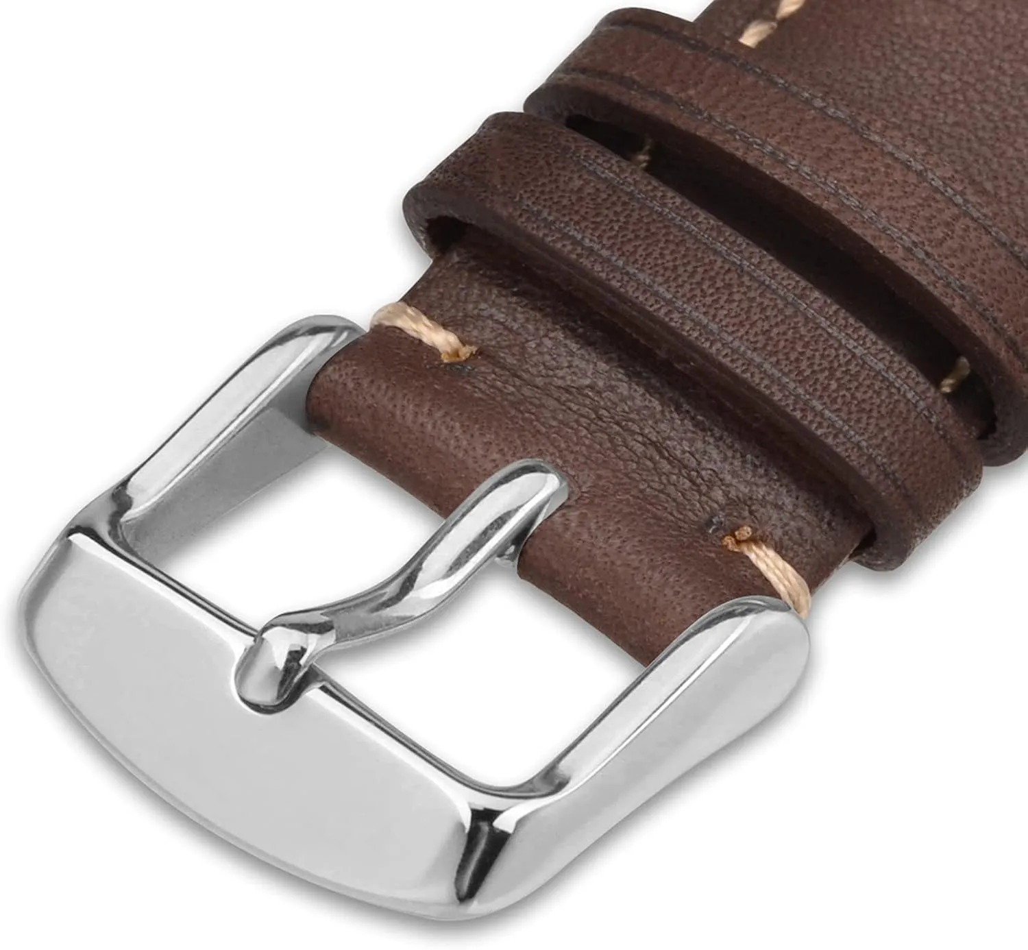 WOCCI 20mm Vintage Leather Watch Band for Men and Women, Silver Buckle (Dark Brown/Contrasting Stitch)