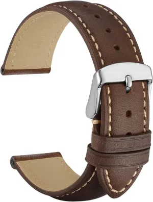 WOCCI 20mm Vintage Leather Watch Band for Men and Women, Silver Buckle (Dark Brown/Contrasting Stitch)