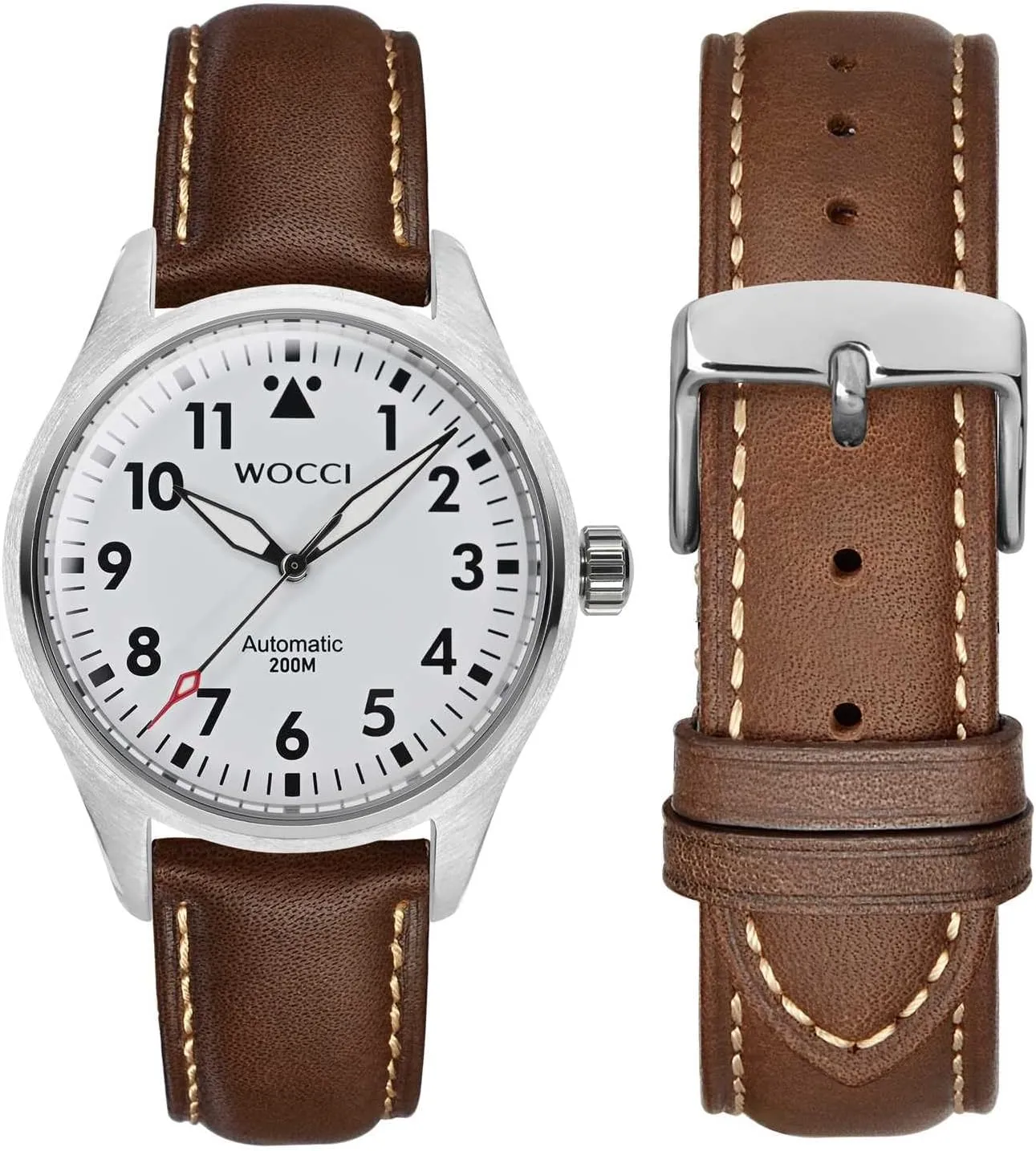 WOCCI 20mm Vintage Leather Watch Band for Men and Women, Silver Buckle (Dark Brown/Contrasting Stitch)
