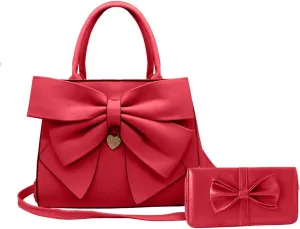 Women Big Bow-Knot Handbag 2 Pcs Set Leather Tote Top Handle Bag Clutch Wallet