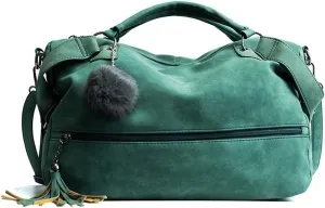 Women Handbag PU Leather Top Handle Handbag Shoulder Bag Messenger Bag with Fur Ball Accessories