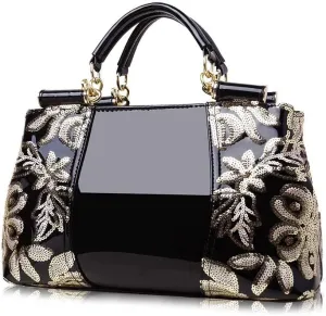 Women Handbag Top Handle Bag, Patent Leather Embroidery Fashion Tote Purse