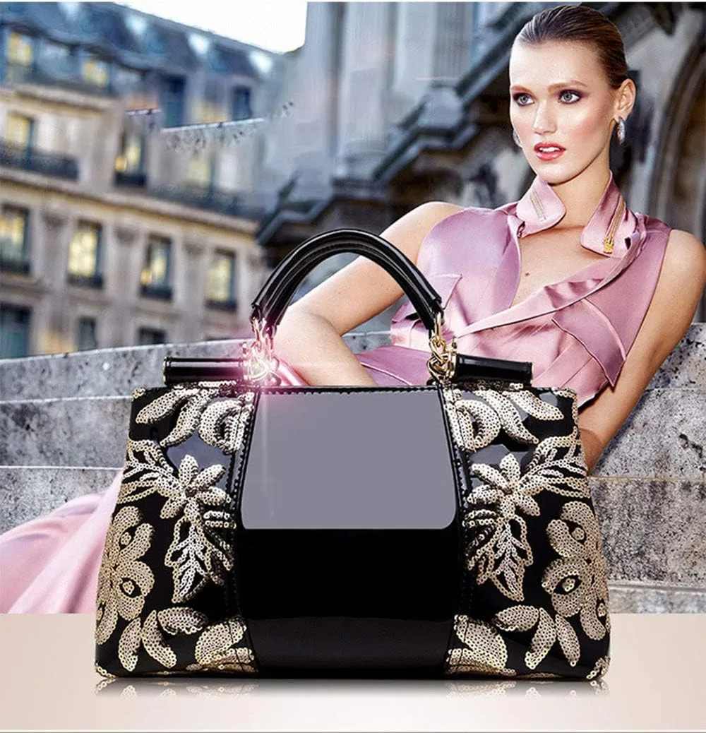 Women Handbag Top Handle Bag, Patent Leather Embroidery Fashion Tote Purse