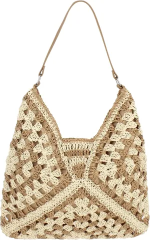 Women Large Stripes Straw Woven Shoulder Bag Tote Top-handle Bag