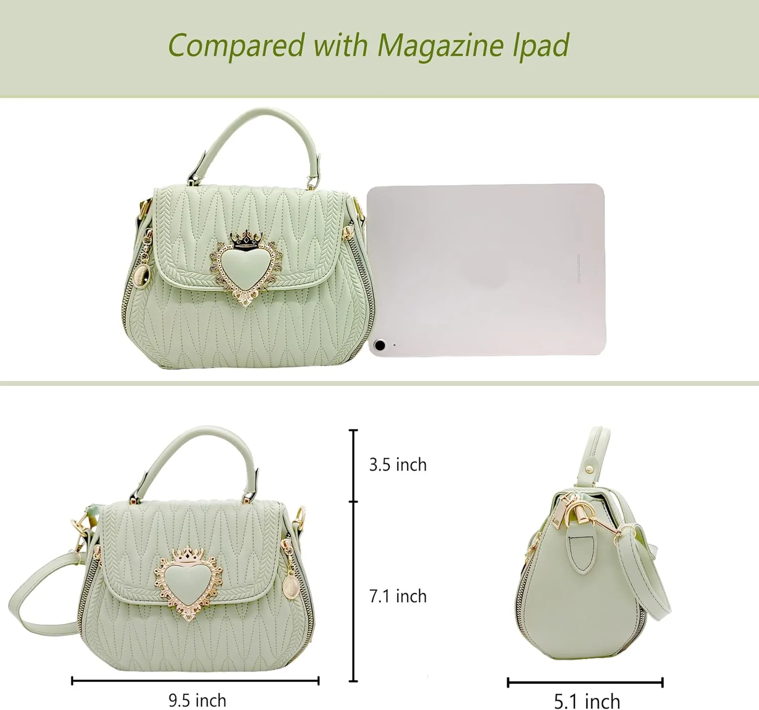 Women Leather Quilted Handbag Top Handle Satchel Bag with Heart Crown Decoration