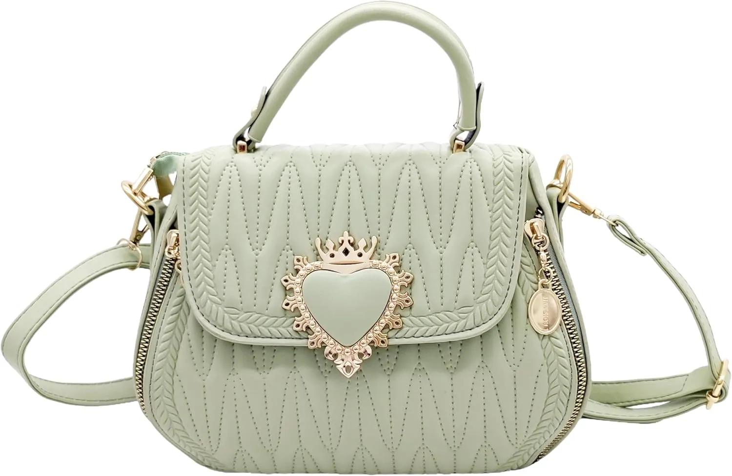 Women Leather Quilted Handbag Top Handle Satchel Bag with Heart Crown Decoration