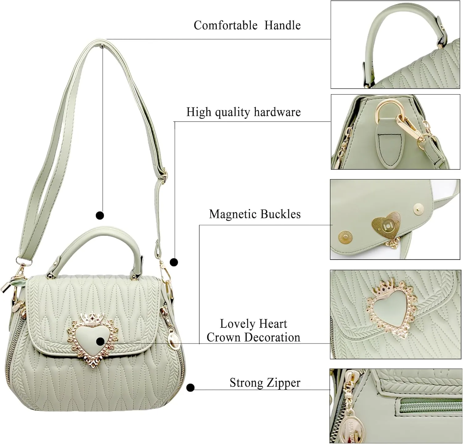 Women Leather Quilted Handbag Top Handle Satchel Bag with Heart Crown Decoration