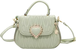 Women Leather Quilted Handbag Top Handle Satchel Bag with Heart Crown Decoration