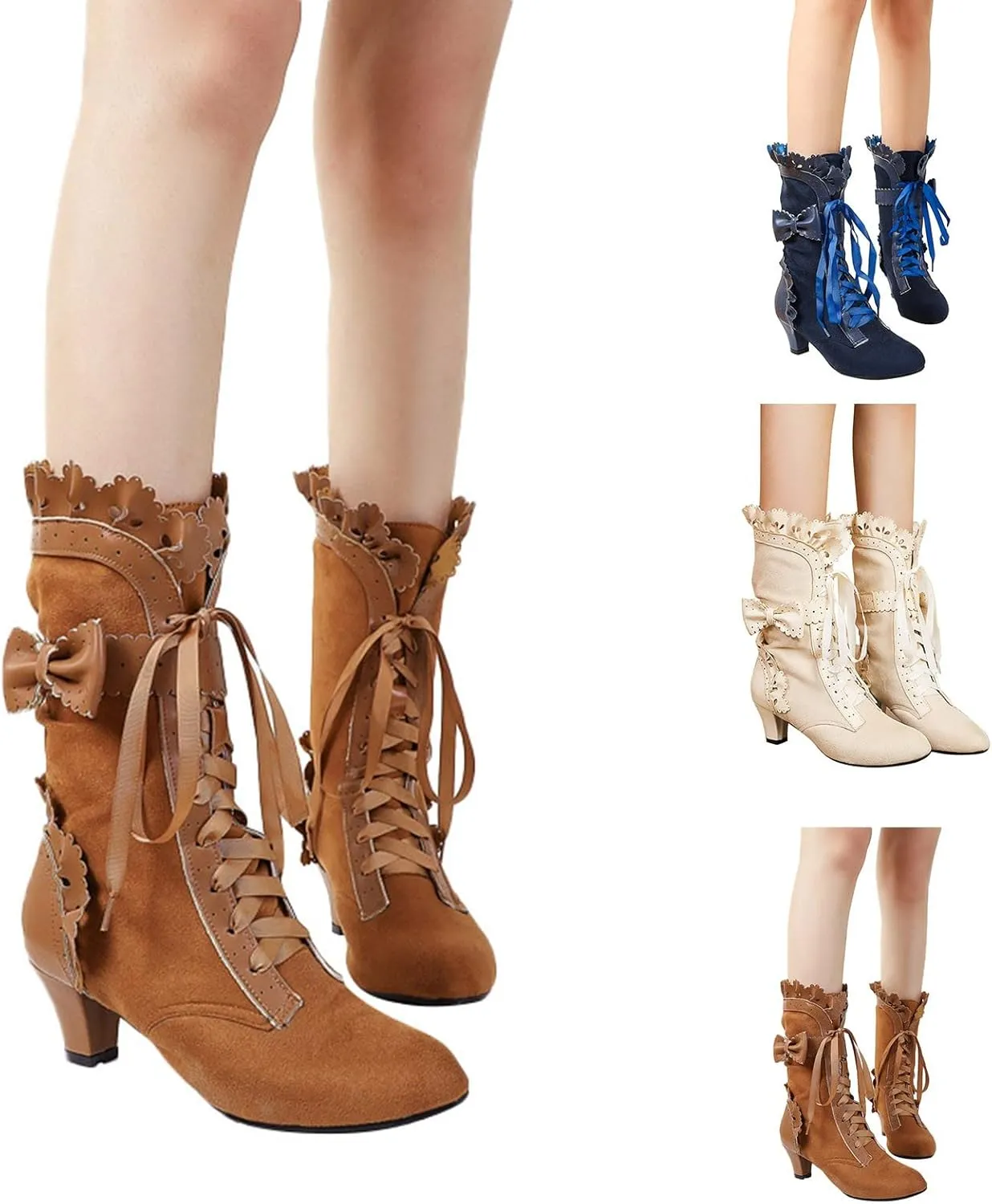Women Mid Calf Gothic Boots Lace Up Kitten Heel Cute Bow Boots Vintage Halloween Round Toe Bow Boots Party Dress Shoes