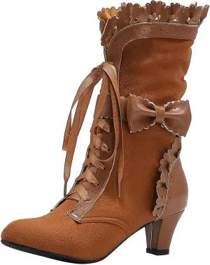 Women Mid Calf Gothic Boots Lace Up Kitten Heel Cute Bow Boots Vintage Halloween Round Toe Bow Boots Party Dress Shoes