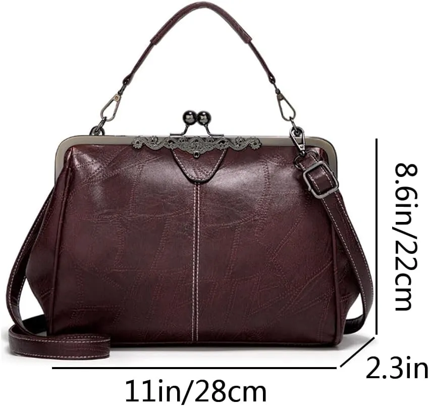Women Retro Purse Kiss-lock Top-handle Satchel PU Leather Shoulder Handbag Tote