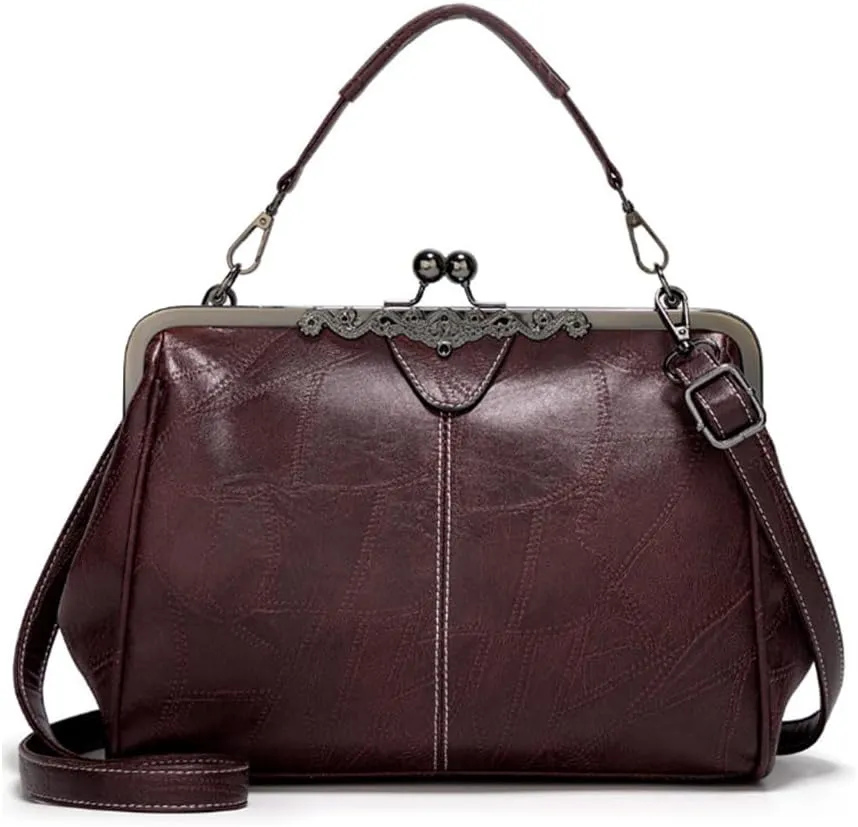 Women Retro Purse Kiss-lock Top-handle Satchel PU Leather Shoulder Handbag Tote