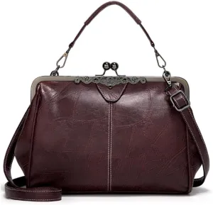 Women Retro Purse Kiss-lock Top-handle Satchel PU Leather Shoulder Handbag Tote