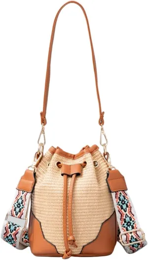 Women Straw Drawstring Bucket Purse Small Tote Shoulder Handbag Hollow Out Cross-body Bag for Summer,Beach