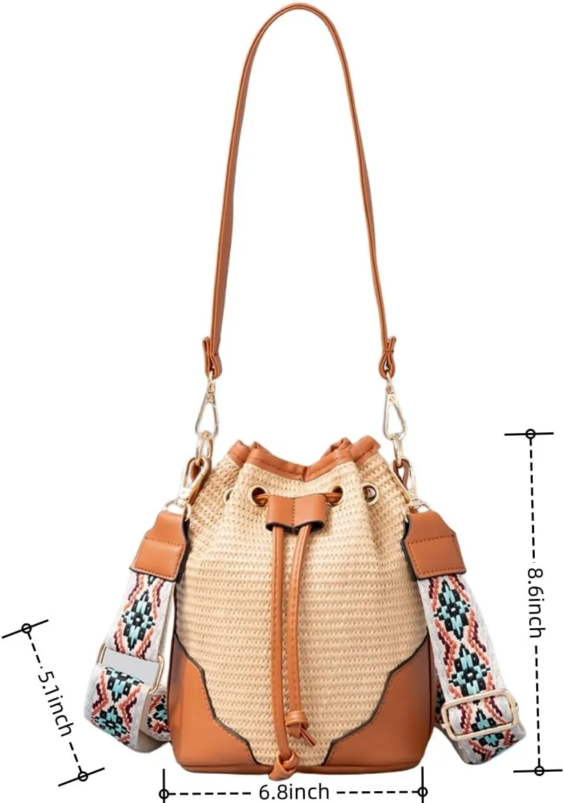 Women Straw Drawstring Bucket Purse Small Tote Shoulder Handbag Hollow Out Cross-body Bag for Summer,Beach