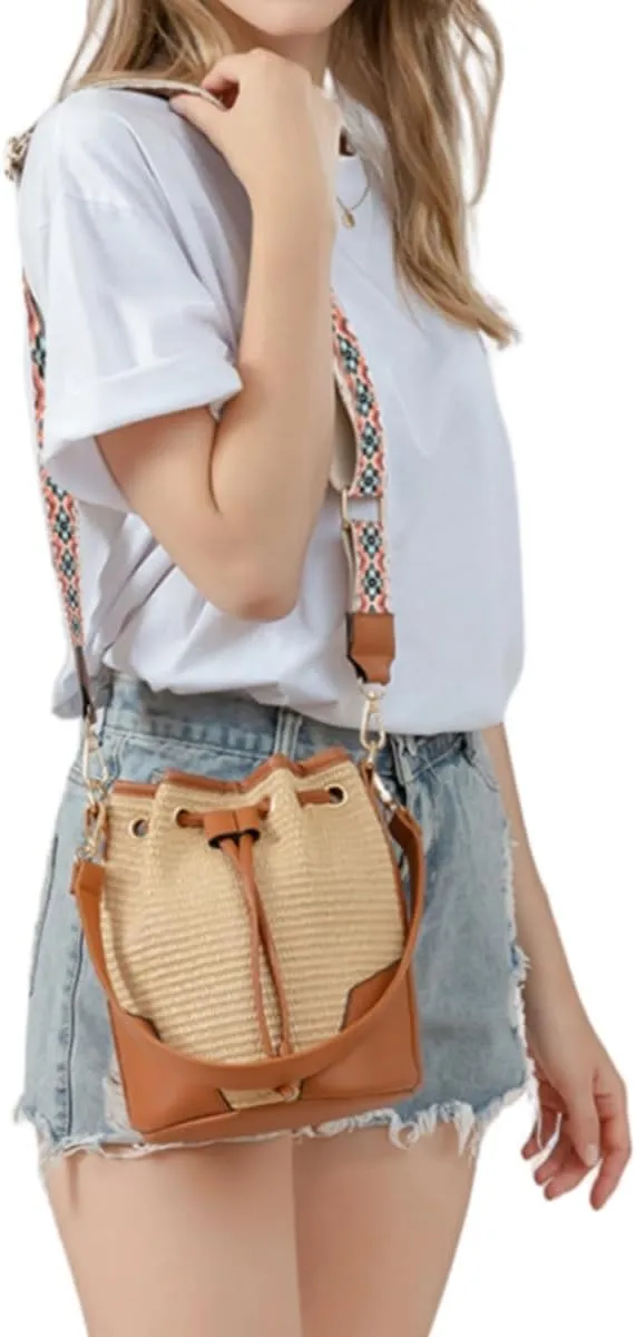 Women Straw Drawstring Bucket Purse Small Tote Shoulder Handbag Hollow Out Cross-body Bag for Summer,Beach
