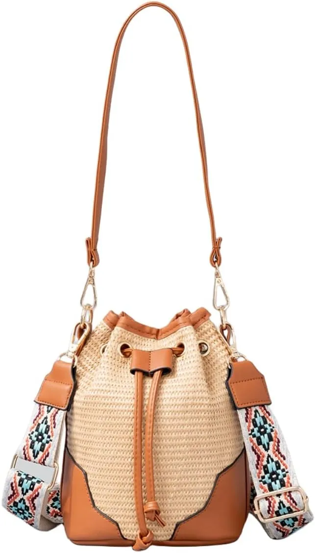 Women Straw Drawstring Bucket Purse Small Tote Shoulder Handbag Hollow Out Cross-body Bag for Summer,Beach
