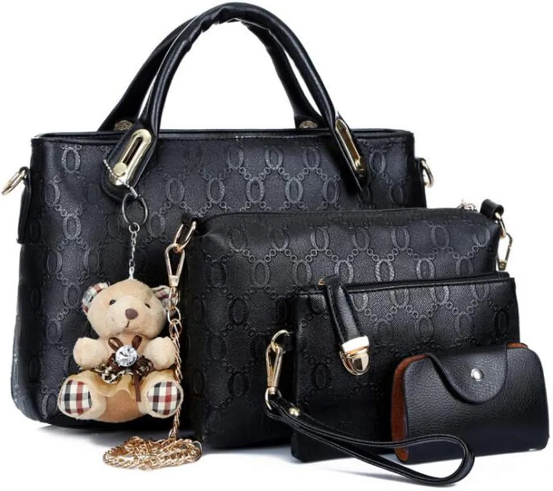 Women Tote Hobo Handbag Wallet Synthetic PU Leather Shouder Backpack 4pcs Set Clutch Purse Satchels with Bear Pendant