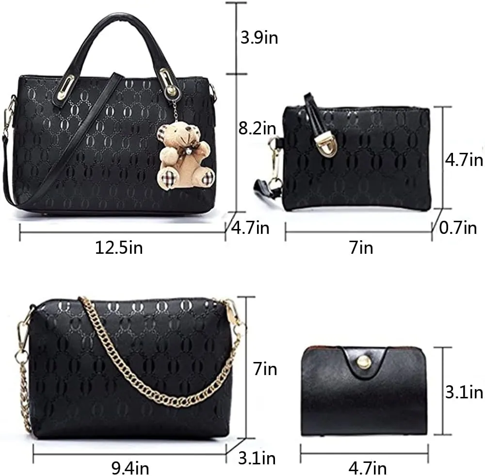 Women Tote Hobo Handbag Wallet Synthetic PU Leather Shouder Backpack 4pcs Set Clutch Purse Satchels with Bear Pendant