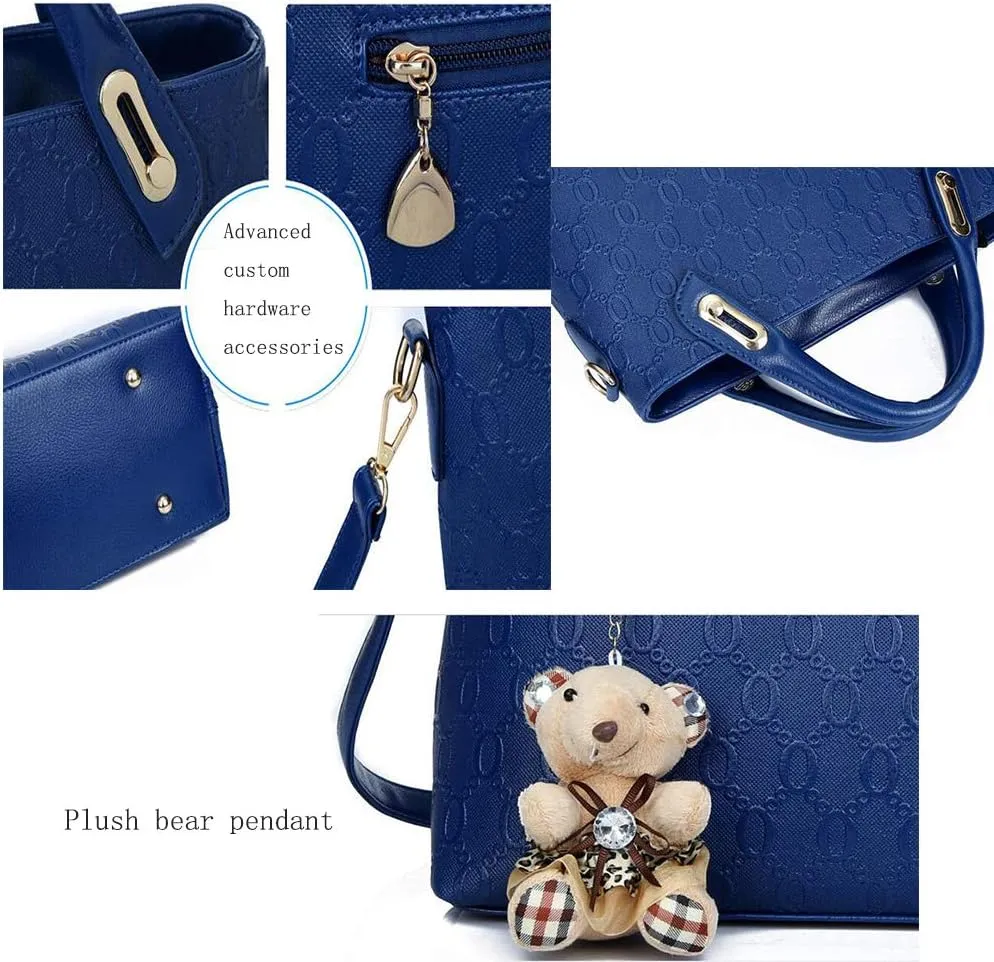 Women Tote Hobo Handbag Wallet Synthetic PU Leather Shouder Backpack 4pcs Set Clutch Purse Satchels with Bear Pendant