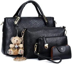 Women Tote Hobo Handbag Wallet Synthetic PU Leather Shouder Backpack 4pcs Set Clutch Purse Satchels with Bear Pendant