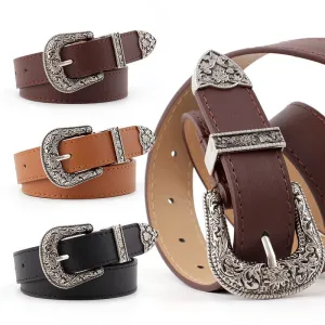 Women Vintage Carved Pin Buckle PU Leather Belt Jeans Dress Waistband