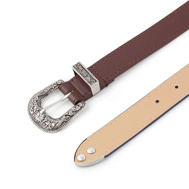 Women Vintage Carved Pin Buckle PU Leather Belt Jeans Dress Waistband