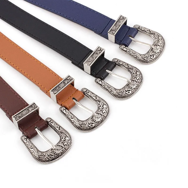 Women Vintage Carved Pin Buckle PU Leather Belt Jeans Dress Waistband