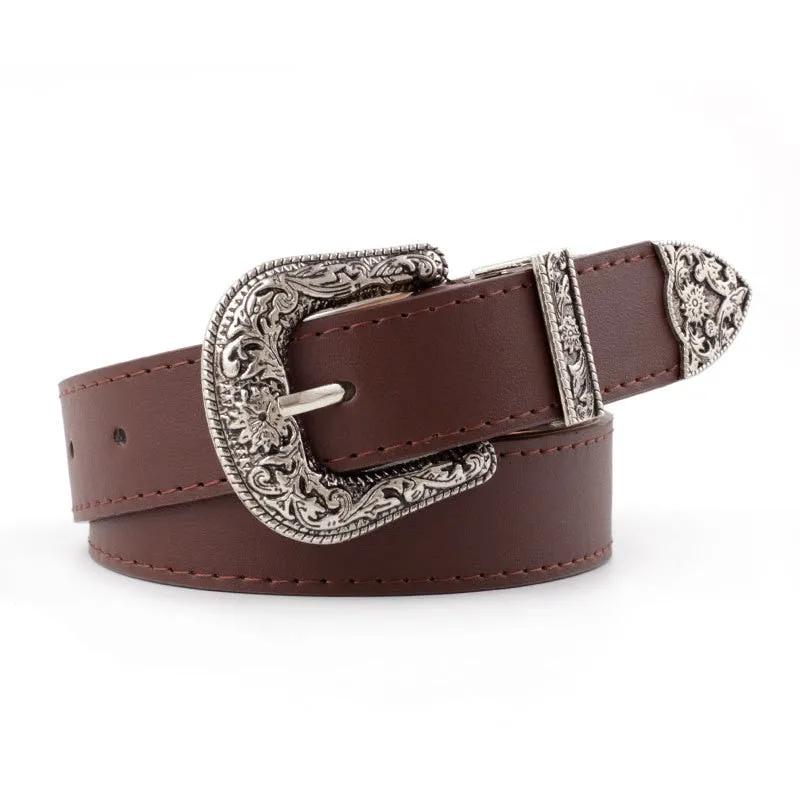Women Vintage Carved Pin Buckle PU Leather Belt Jeans Dress Waistband