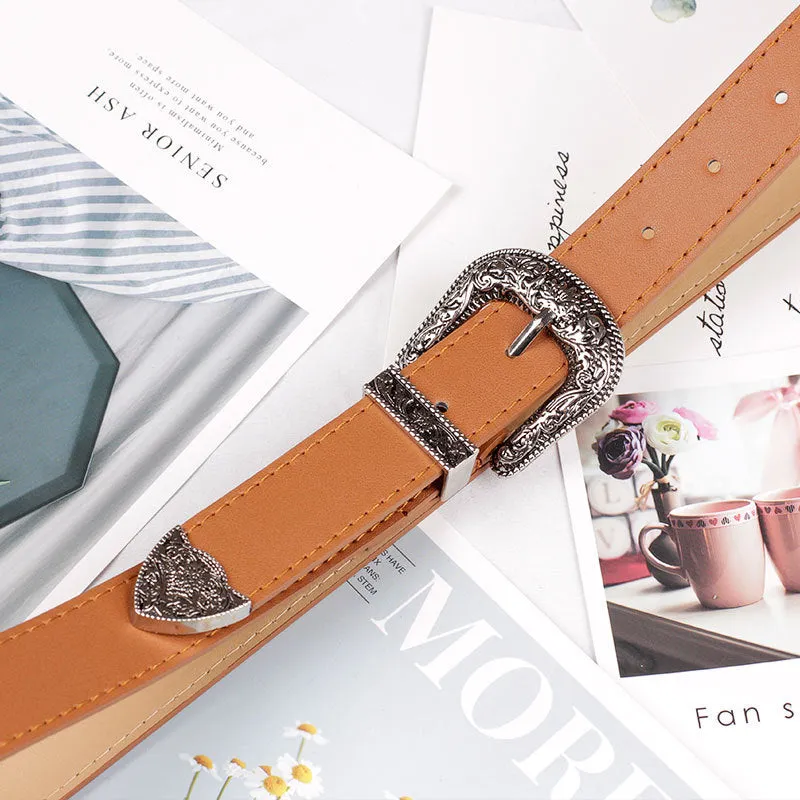 Women Vintage Carved Pin Buckle PU Leather Belt Jeans Dress Waistband