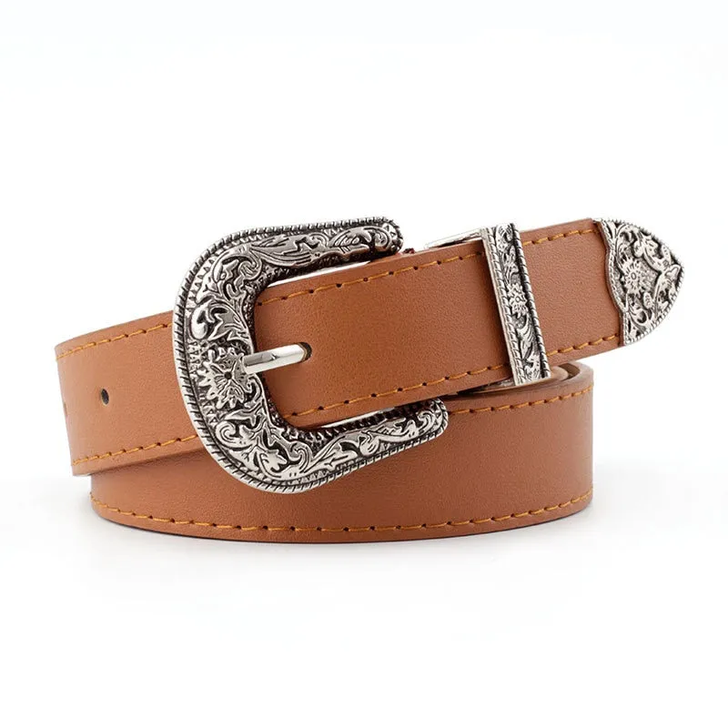 Women Vintage Carved Pin Buckle PU Leather Belt Jeans Dress Waistband
