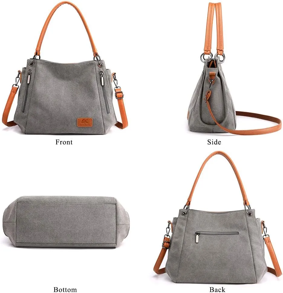 Women Vintage Hobo Handbag Canvas Shoulder Purse Multi-pocket Shopper Satchels