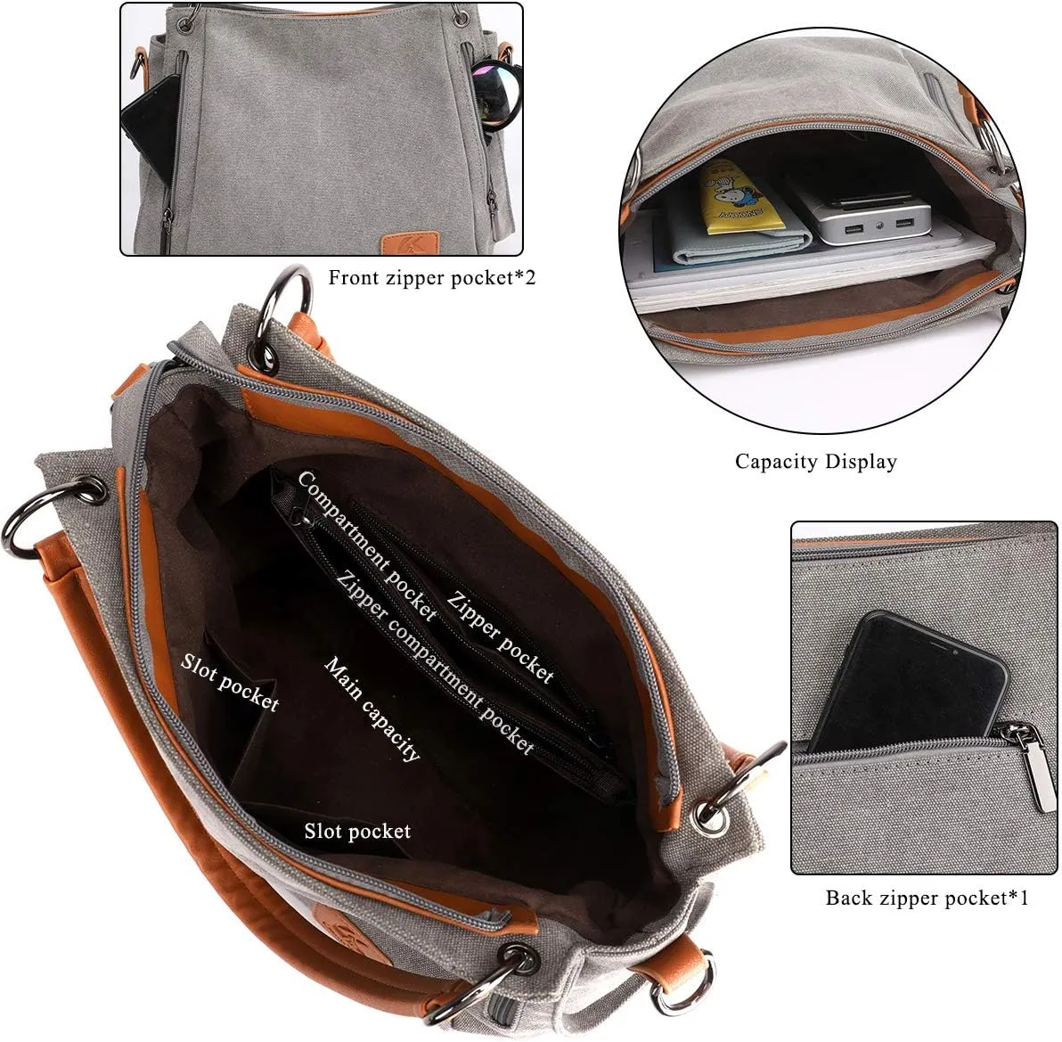 Women Vintage Hobo Handbag Canvas Shoulder Purse Multi-pocket Shopper Satchels