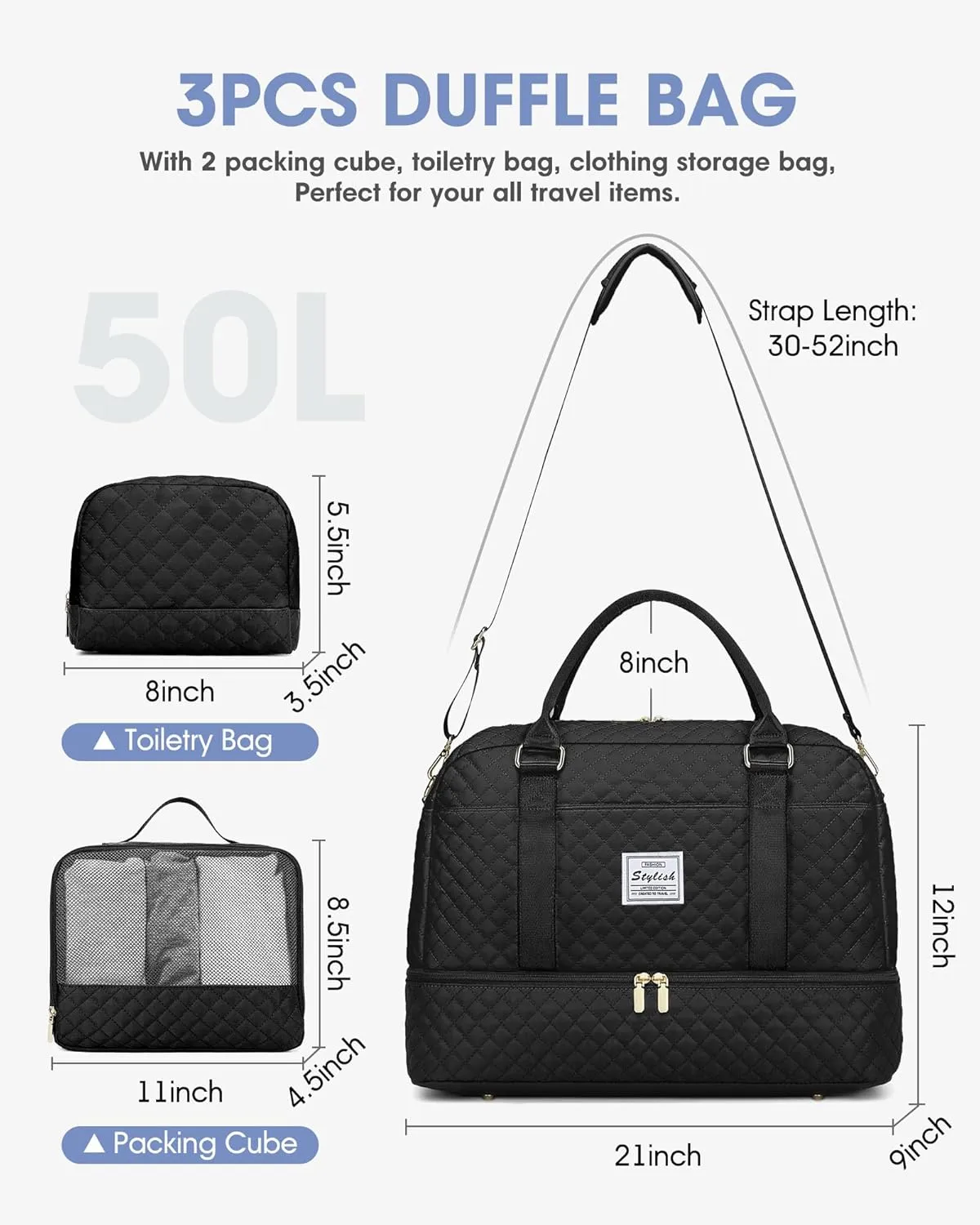 Women Weekender Travel Duffle Bag: Large Overnight Bags with Shoe Compartment Carry on Bags with Toiletry Bag Weekend Yoga Gym Bag with Wet Pocket Travel Duffel Tote Bag Hospital Bag Black