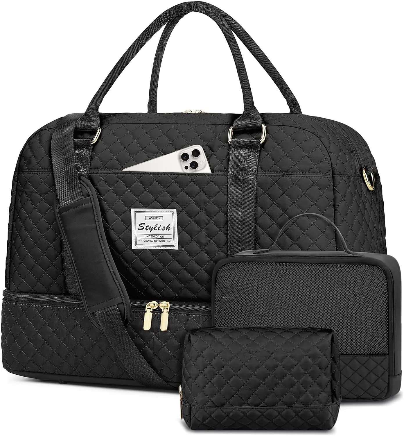 Women Weekender Travel Duffle Bag: Large Overnight Bags with Shoe Compartment Carry on Bags with Toiletry Bag Weekend Yoga Gym Bag with Wet Pocket Travel Duffel Tote Bag Hospital Bag Black