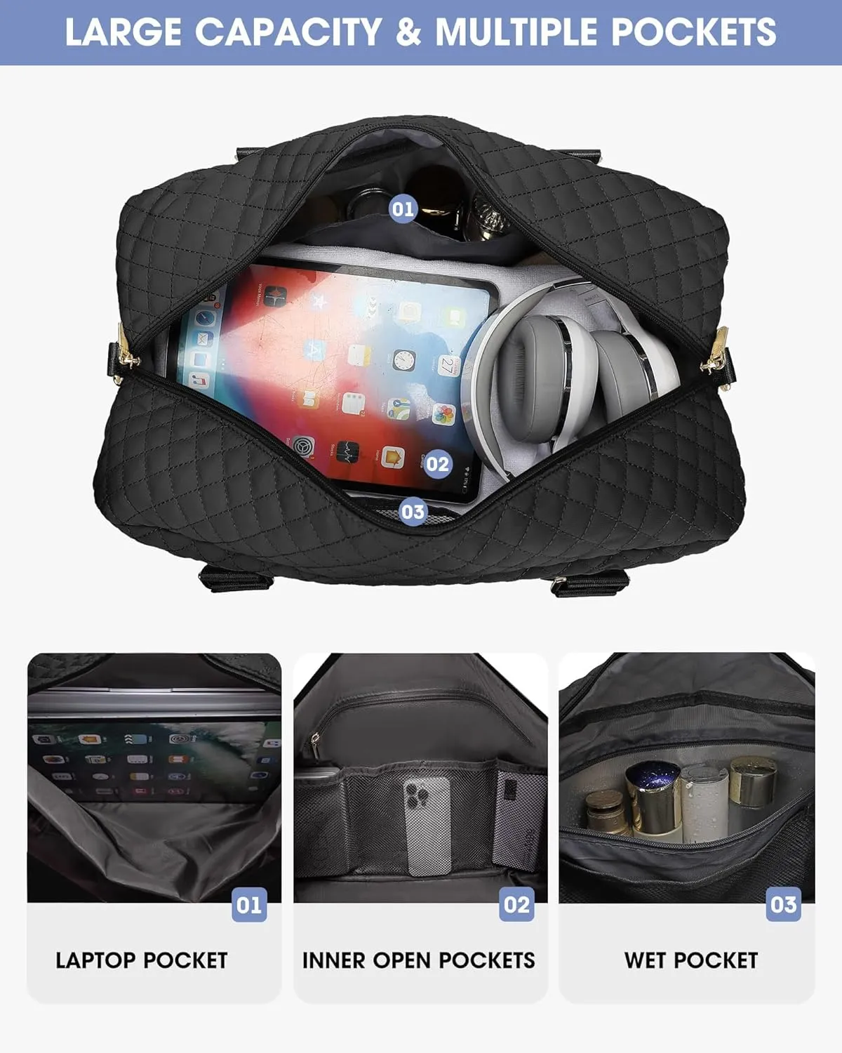 Women Weekender Travel Duffle Bag: Large Overnight Bags with Shoe Compartment Carry on Bags with Toiletry Bag Weekend Yoga Gym Bag with Wet Pocket Travel Duffel Tote Bag Hospital Bag Black