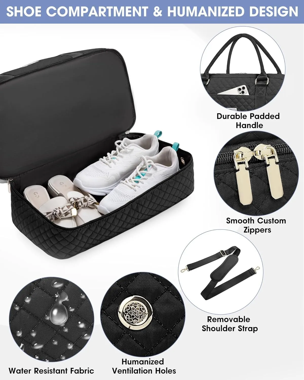 Women Weekender Travel Duffle Bag: Large Overnight Bags with Shoe Compartment Carry on Bags with Toiletry Bag Weekend Yoga Gym Bag with Wet Pocket Travel Duffel Tote Bag Hospital Bag Black