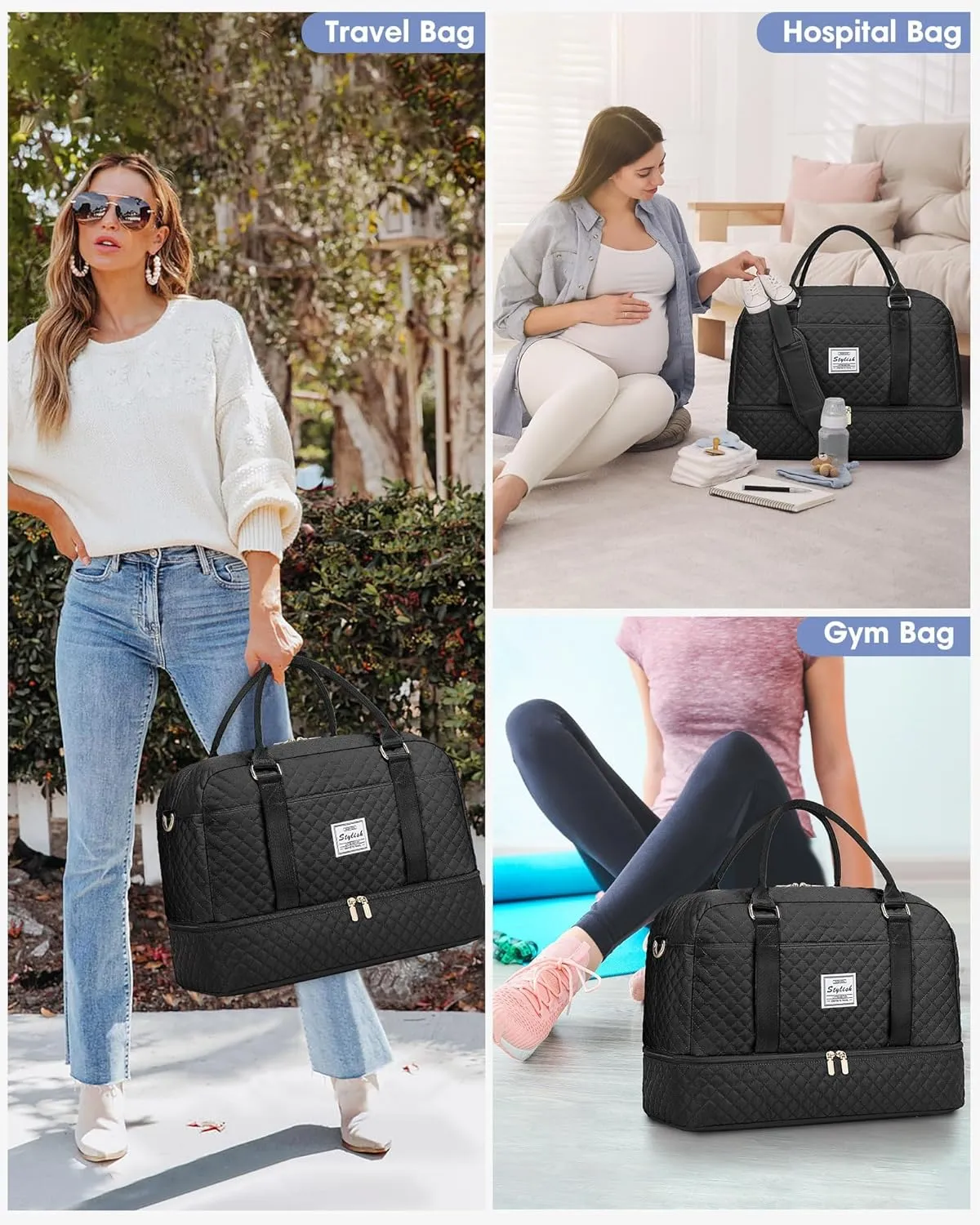 Women Weekender Travel Duffle Bag: Large Overnight Bags with Shoe Compartment Carry on Bags with Toiletry Bag Weekend Yoga Gym Bag with Wet Pocket Travel Duffel Tote Bag Hospital Bag Black