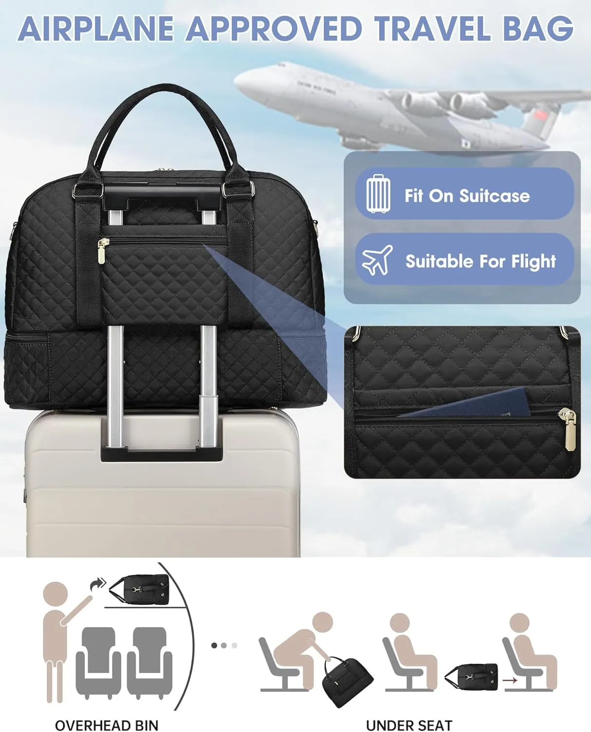 Women Weekender Travel Duffle Bag: Large Overnight Bags with Shoe Compartment Carry on Bags with Toiletry Bag Weekend Yoga Gym Bag with Wet Pocket Travel Duffel Tote Bag Hospital Bag Black