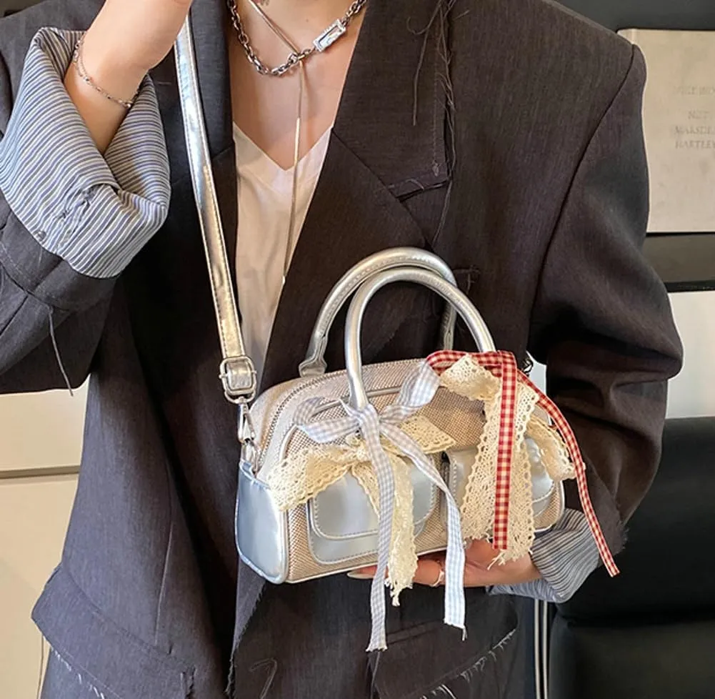 Women Woven Bag Bow Purse Y2k Ballet Hobo Purse Vintage Crossbody Bags Boston Handbags Trendy Satchel Sling Bag 2025 Fashion