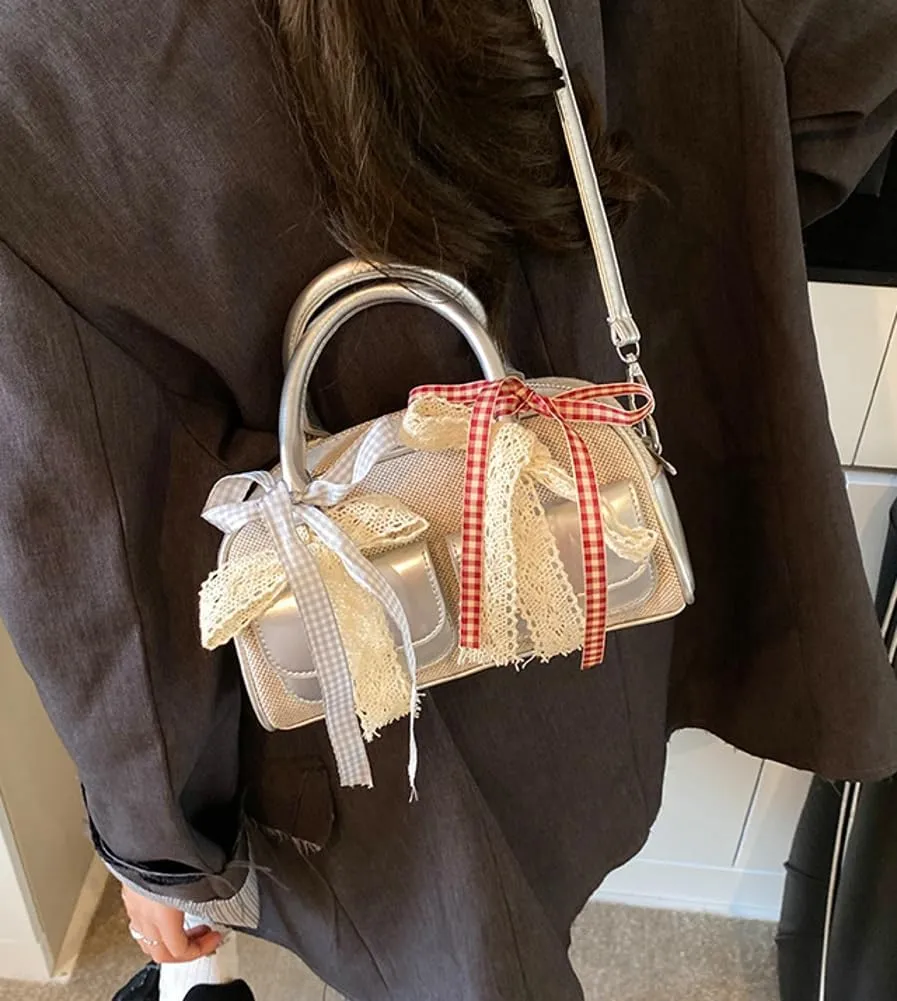 Women Woven Bag Bow Purse Y2k Ballet Hobo Purse Vintage Crossbody Bags Boston Handbags Trendy Satchel Sling Bag 2025 Fashion