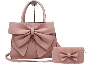 Women's 2 Pcs PU Leather Bow Shoulder Top-handle-handbags Satchel ToteBag Purse Black
