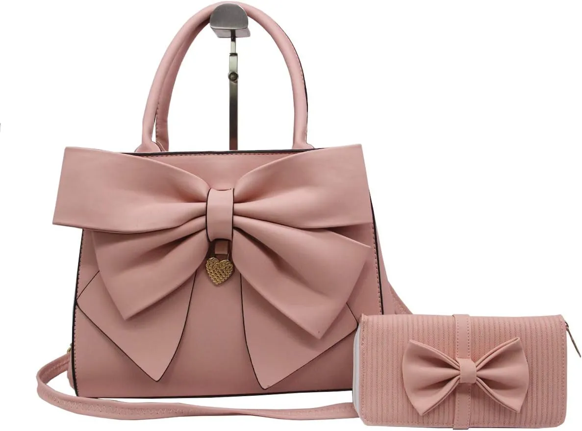 Women's 2 Pcs PU Leather Bow Shoulder Top-handle-handbags Satchel ToteBag Purse Black