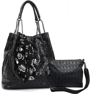 Women's 2Pcs kull Purses and Handbag Punk Gothic Hobo Tote Shoulder Bag PU Leathe Black Crossbody Bag Satchels