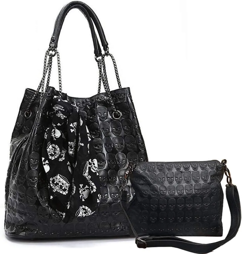 Women's 2Pcs kull Purses and Handbag Punk Gothic Hobo Tote Shoulder Bag PU Leathe Black Crossbody Bag Satchels