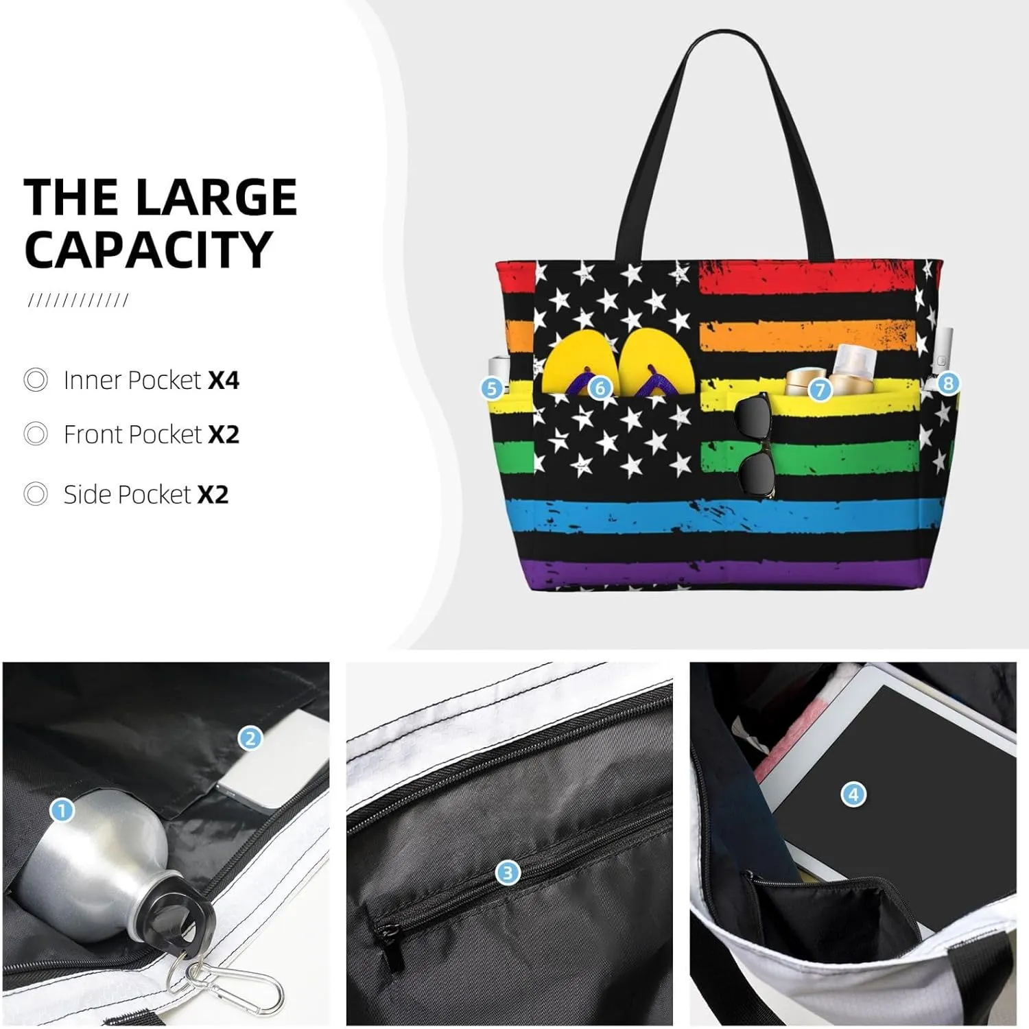 Women's Beach Tote Bag Large Waterproof Travel Bags with Pockets Sandproof Handbag for Camping Gym Pool