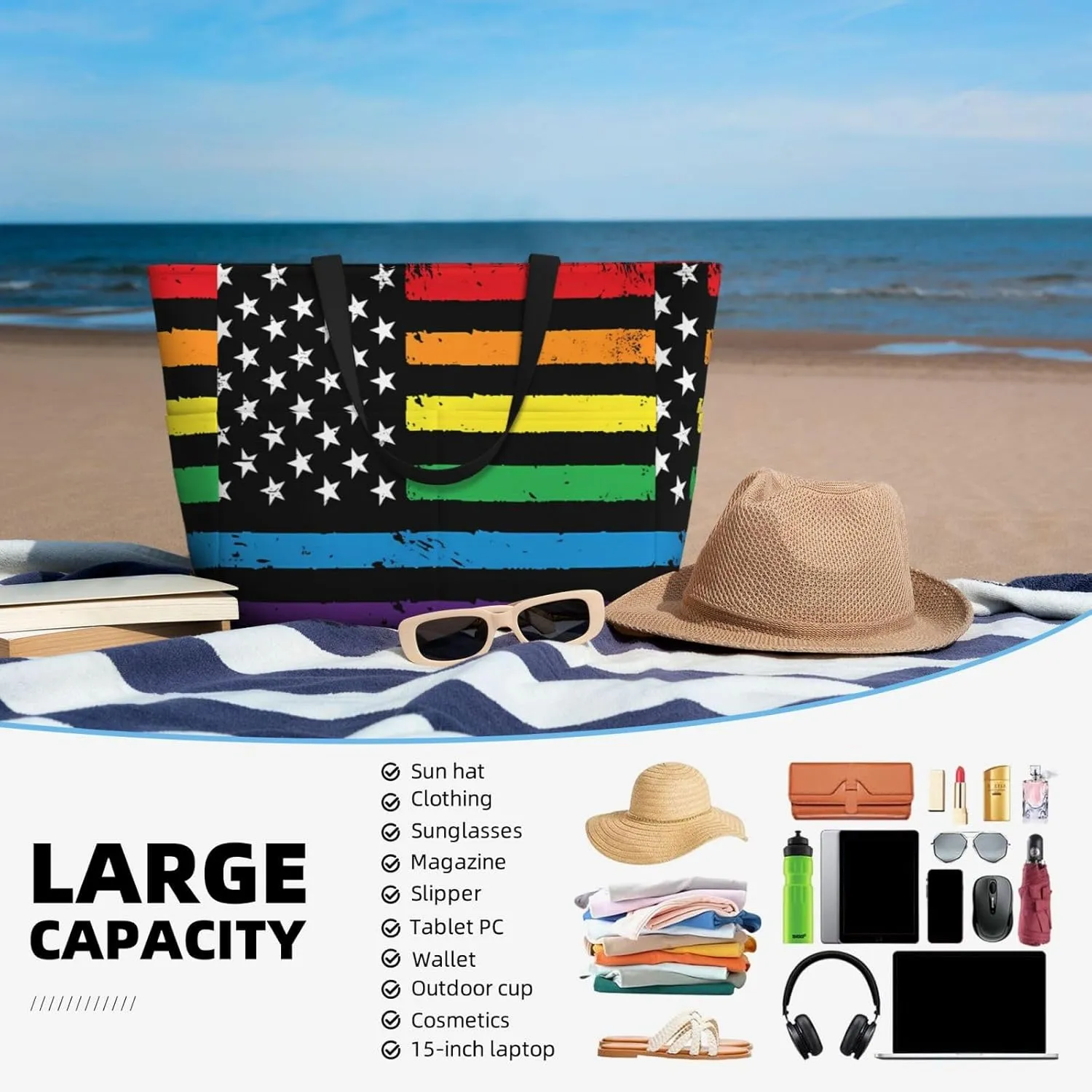 Women's Beach Tote Bag Large Waterproof Travel Bags with Pockets Sandproof Handbag for Camping Gym Pool