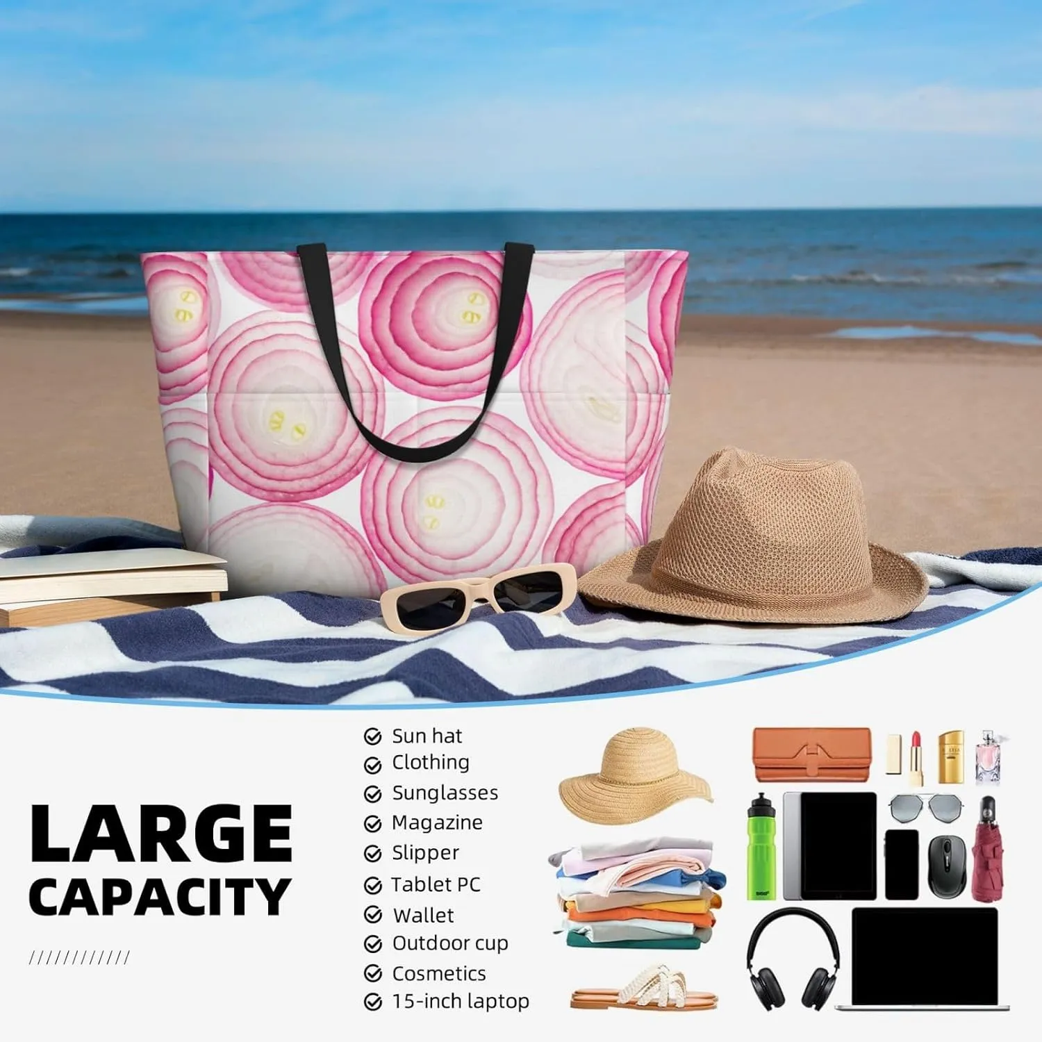 Women's Beach Travel Bags Large Waterproof Tote Bag with Pockets Sandproof Handbag for Beach Gym Vacation