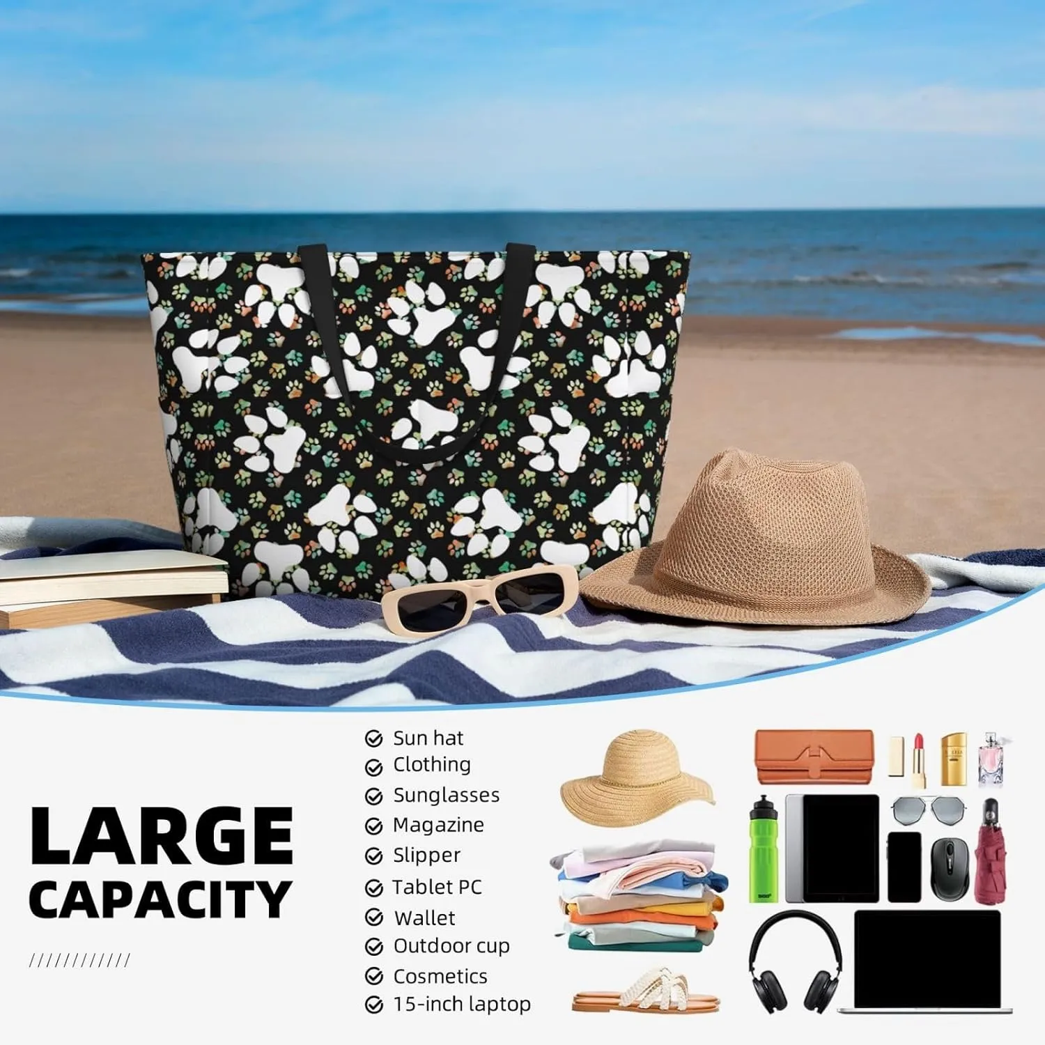 Women's Beach Travel Bags Large Waterproof Tote Bag with Pockets Sandproof Handbag for Beach Gym Vacation